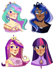 Size: 2000x2603 | Tagged: safe, artist:garliccrusher08, princess cadance, princess celestia, princess luna, twilight sparkle, human, alternate hairstyle, blushing, clothes, crown, dark skin, dress, ear piercing, earring, eyeshadow, female, hair over one eye, humanized, jewelry, lipstick, makeup, necklace, piercing, regalia, royal sisters, simple background, transparent background