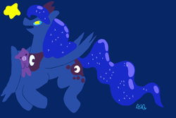 Size: 1500x1000 | Tagged: safe, artist:lynmunn, princess luna, alicorn, pony, blue background, cutie mark, female, horn, jewelry, lineless, mare, open mouth, plushie, regalia, simple background, solo, stars, tiara, wings