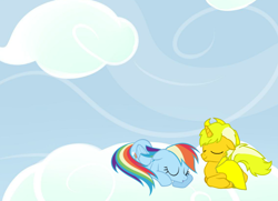 Size: 900x650 | Tagged: safe, artist:m3atl0afman, rainbow dash, oc, pegasus, pony, canon x oc, cloud, cloudy, sleeping