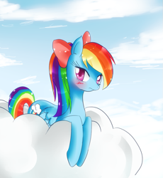 Size: 643x700 | Tagged: safe, artist:haruliina, rainbow dash, pegasus, pony, alternate hairstyle, blushing, bow, cloud, cloudy, embarrassed, solo