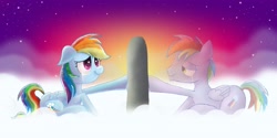 Size: 4200x2100 | Tagged: safe, artist:cortella, rainbow blaze, rainbow dash, ghost, pegasus, pony, crying, grave, spirit