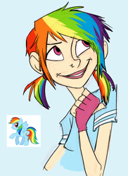 Size: 500x685 | Tagged: dead source, safe, artist:geromy, rainbow dash, human, clothes, fingerless gloves, gloves, humanized, light skin, pigtails, simple background