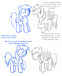 Size: 1276x1559 | Tagged: safe, artist:shoutingisfun, derpy hooves, rainbow dash, pegasus, pony, bullying, derpybuse, derpygate, female, insult, mare, monochrome, out of character, rainbow douche, rejection, sad