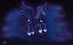 Size: 1600x977 | Tagged: safe, artist:faunafay, princess luna, alicorn, pony, crown, cute, ethereal mane, female, flying, hoof shoes, jewelry, lunabetes, mare, night, profile, regalia, signature, sky, solo, spread wings, starry mane, starry night, stars, wings