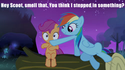 Size: 1280x720 | Tagged: safe, edit, edited screencap, screencap, rainbow dash, scootaloo, pegasus, pony, sleepless in ponyville, caption, out of context, text, that better not be poop