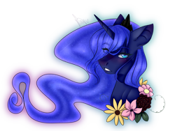 Size: 900x677 | Tagged: safe, artist:dawndream2003, artist:sugarynoodle, princess luna, alicorn, pony, bust, flower, portrait, simple background, solo, transparent background