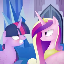 Size: 1080x1080 | Tagged: safe, artist:princessesmeraldaofficial, princess cadance, twilight sparkle, twilight sparkle (alicorn), alicorn, pony, angry, duo, female, gritted teeth, indoors, jewelry, mare, peytral, signature, tiara