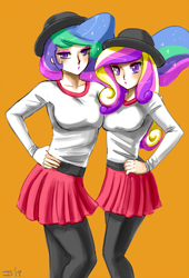 Size: 1000x1473 | Tagged: safe, artist:johnjoseco, artist:kevhon, edit, princess cadance, princess celestia, human, aunt and niece, clothes, colored, duo, duo female, female, hands on hip, hat, humanized, leggings, looking at you, skirt, sweater