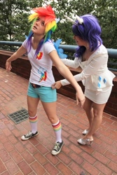 Size: 682x1024 | Tagged: safe, artist:annamax, rainbow dash, rarity, human, cosplay, irl, irl human, photo