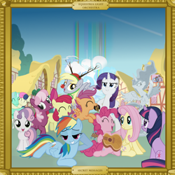 Size: 2000x2000 | Tagged: safe, artist:grapefruitface1, apple bloom, bon bon, cheerilee, derpy hooves, dj pon-3, fluttershy, lyra heartstrings, octavia melody, pinkie pie, princess luna, rainbow dash, rarity, scootaloo, sweetie belle, sweetie drops, twilight sparkle, unicorn twilight, vinyl scratch, oc, oc:electric light (jeff lynne pony), alicorn, earth pony, pegasus, pony, unicorn, album cover, animal costume, cloudsdale, costume, cuddling, cutie mark crusaders, electric light orchestra, elo, equestria light orchestra, frame, guitar, ponified, ponified album cover, ponyville, rainbow, reindeer costume, statue, various artists