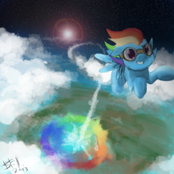 Size: 500x500 | Tagged: safe, artist:the-bigfriendlyninja, rainbow dash, pegasus, pony, flying, goggles, solo, sonic rainboom, vertigo