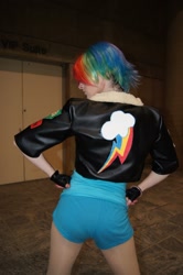 Size: 1184x1784 | Tagged: safe, artist:residentexorcist, rainbow dash, human, bomber jacket, clothes, cosplay, irl, irl human, jacket, otakon, photo, solo