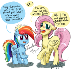 Size: 945x924 | Tagged: safe, artist:lucidlarceny, fluttershy, rainbow dash, pegasus, pony, awkward, blushing, dialogue, female, filly, filly fluttershy, filly rainbow dash, telling lies, younger