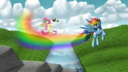 Size: 1024x576 | Tagged: safe, artist:michellka, fluttershy, rainbow dash, butterfly, pegasus, pony, flying, rainbow, river