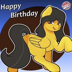 Size: 1280x1280 | Tagged: safe, artist:ribiruby, oc, oc only, oc:danielita, oc:dany melody, pegasus, pony, abstract background, dock, female, happy birthday, looking back, mare, open mouth, raised hoof, smiling, solo