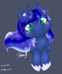 Size: 1280x1525 | Tagged: safe, artist:ayleviazephyr, princess luna, alicorn, pony, blushing, bust, cheek fluff, colored pupils, cute, ethereal mane, female, gray background, hoof shoes, looking at you, lunabetes, mare, simple background, solo, starry mane