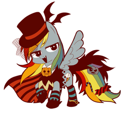 Size: 863x770 | Tagged: safe, artist:umeguru, artist:うめのぐるぐる三世, part of a set, rainbow dash, pegasus, pony, candy cane, clothes, costume, fangs, halloween, pixiv, simple background, socks, solo, striped socks, suit, white background