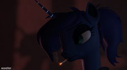 Size: 638x349 | Tagged: safe, nightmare moon, princess luna, alicorn, pony, 3d, cigarette, glowing horn, ponytail, shadow, solo, source filmmaker