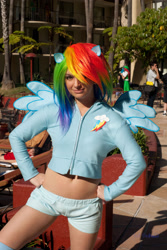 Size: 2016x3024 | Tagged: safe, artist:ladymella, rainbow dash, human, anime la, belly button, clothes, cosplay, irl, irl human, jacket, midriff, photo, shorts, solo