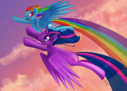 Size: 2800x2000 | Tagged: safe, artist:thenornonthego, rainbow dash, twilight sparkle, twilight sparkle (alicorn), alicorn, pegasus, pony, female, flying, lesbian, mare, shipping, trail, twidash