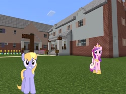 Size: 2048x1536 | Tagged: safe, artist:bluemeganium, artist:parclytaxel, artist:topsangtheman, cloud kicker, princess cadance, alicorn, pegasus, pony, topsangtheman's minecraft server, house, looking at you, minecraft, photoshopped into minecraft