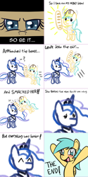 Size: 1502x3007 | Tagged: safe, artist:datahmedz, princess luna, sunshower raindrops, alicorn, pony, luna eclipsed, ^^, ask, bread, crayon, eyes closed, food, helmet, horned helmet, raindropsanswers, sad, stylistic suck, tumblr, viking helmet