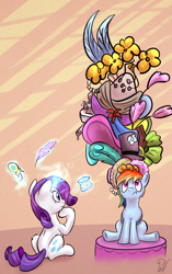 Size: 2000x3188 | Tagged: safe, artist:pirill, rainbow dash, rarity, pegasus, pony, unicorn, dressup, female, fluffy, frown, giant hat, hat, kitchen sink, magic, pile, rainbow dash always dresses in style