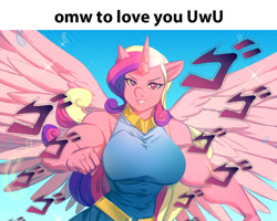 Size: 1135x907 | Tagged: safe, artist:bakki, edit, princess cadance, alicorn, anthro, big breasts, breasts, female, jojo reference, jojo's bizarre adventure, meme, menacing, muscles, muscular female, princess ca-dense, princess cansdance, running, smiling, smiling at you, solo, spread wings, uwu, wings, ゴ ゴ ゴ