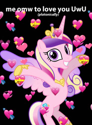 Size: 1024x1381 | Tagged: safe, princess cadance, alicorn, pony, black background, cute, cutedance, flying, heart, jewelry, looking at you, meme, regalia, simple background, smiling, smiling at you, spread wings, wings