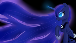 Size: 1920x1080 | Tagged: safe, artist:suziouwabami, princess luna, alicorn, pony, black background, colored pupils, cute, ethereal mane, glowing mane, hoof shoes, long mane, lunabetes, profile, simple background, solo, starry mane