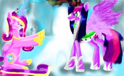 Size: 1360x839 | Tagged: safe, artist:moonmiyato, princess cadance, twilight sparkle, twilight sparkle (alicorn), alicorn, pony, altered cutie mark, armor, betrayal, bevor, boots, cape, chestplate, clothes, corrupted, corrupted element of harmony, corrupted element of magic, corrupted twilight sparkle, criniere, croupiere, crying, cuirass, dark magic, darklight, darklight sparkle, duo, evil grin, eyes closed, fauld, female, glowing horn, gorget, greaves, grin, helmet, horn, jewelry, magic, necklace, pauldron, peytral, plackart, queen sombra (twilight), queen twilight, queen twilight sombra, queen twilight sparkle, regalia, robe, shoes, smiling, sombra eyes, spread wings, tiara, wings