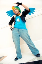 Size: 567x850 | Tagged: safe, artist:residentexorcist, artist:zippyc, rainbow dash, human, bomber jacket, clothes, fingerless gloves, gloves, goggles, irl, irl human, jeans, katsucon, photo, solo