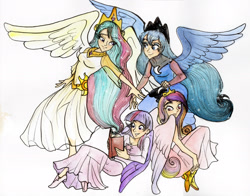 Size: 2769x2166 | Tagged: safe, artist:tamatria, princess cadance, princess celestia, princess luna, twilight sparkle, twilight sparkle (alicorn), alicorn, human, alicorn tetrarchy, book, clothes, dress, humanized, winged humanization, wings