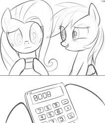 Size: 1100x1300 | Tagged: safe, artist:tex, fluttershy, rainbow dash, pegasus, pony, calculator, comic, monochrome, sketch