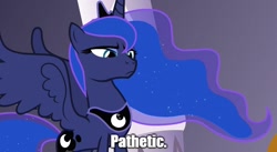 Size: 888x486 | Tagged: safe, edit, edited screencap, screencap, princess luna, alicorn, pony, the crystal empire, female, majestic, mare, meme, pathetic, serious, serious face, spread wings, text edit, the simpsons, wings