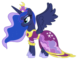 Size: 1122x868 | Tagged: safe, artist:midnight-st4r, princess luna, alicorn, pony, magical mystery cure, beautiful, clothes, coronation dress, crown, dress, female, hoof shoes, jewelry, lidded eyes, mare, regalia, simple background, smiling, solo, transparent background, vector, wings