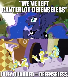 Size: 1920x2160 | Tagged: safe, edit, edited screencap, screencap, princess luna, alicorn, pony, the beginning of the end, canterlot, canterlot guards, caption, eyes closed, female, guards, image macro, male, text, useless