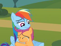 Size: 1600x1200 | Tagged: safe, artist:thunderhawk03, rainbow dash, scootaloo, pegasus, pony, cropped, crying, hug, scootalove