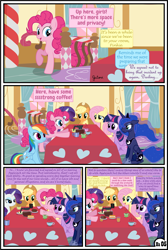 Size: 3255x4838 | Tagged: safe, artist:gutovi, applejack, fluttershy, pinkie pie, princess luna, rainbow dash, rarity, twilight sparkle, twilight sparkle (alicorn), alicorn, earth pony, pegasus, pony, unicorn, comic:why me!?, alternate ending, applejack gets all the mares, coffee, coffee mug, comic, cup, curtains, harem, mane six, mug, polyamory, polygamy, show accurate, sugarcube corner, table, teacup, window