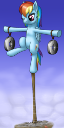 Size: 400x800 | Tagged: safe, artist:skorpionletun, rainbow dash, pegasus, pony, balancing, solo, training