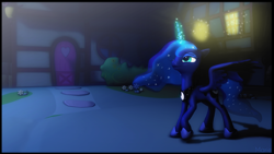 Size: 3200x1799 | Tagged: safe, artist:ghostlymarie, princess luna, alicorn, pony, 3d, ponyville, source filmmaker