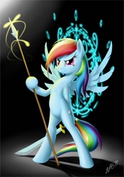 Size: 685x978 | Tagged: safe, artist:zigword, rainbow dash, pegasus, pony, abstract background, bipedal, female, magic circle, mare, pegasus magic, signature, simple background, solo, spear, sword, weapon