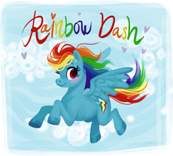 Size: 647x582 | Tagged: safe, artist:emmyc, rainbow dash, pegasus, pony, 2011, blushing, cloud, cute, female, flying, heart, hooves, looking at you, mare, pastel, sky, solo, spread wings, wings