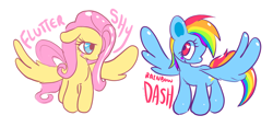 Size: 1280x594 | Tagged: safe, artist:luvlymilk, fluttershy, rainbow dash, pegasus, pony, blue coat, female, mare, multicolored mane, pink mane, wings, yellow coat