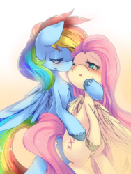 Size: 480x640 | Tagged: dead source, safe, artist:loyaldis, fluttershy, rainbow dash, pegasus, pony, bipedal, blushing, chest fluff, female, flutterdash, hooves, hug, lesbian, shipping, unshorn fetlocks