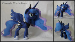 Size: 1024x576 | Tagged: safe, artist:bluedragonflyplush, princess luna, alicorn, pony, female, hoof shoes, horn, irl, jewelry, mare, peytral, photo, plushie, regalia, solo, spread wings, standing, wings