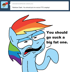 Size: 806x826 | Tagged: safe, rainbow dash, pegasus, pony, ask, rainbowdashsmailbag, solo, tumblr, vulgar