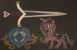 Size: 2346x1536 | Tagged: safe, artist:magicnova, derpibooru exclusive, princess cadance, alicorn, pony, black background, cutie mark, female, mare, simple background, solo, sword, traditional art, weapon