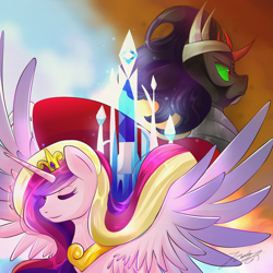 Size: 2000x2000 | Tagged: safe, artist:phoenixgoldensilver, king sombra, princess cadance, alicorn, pony, unicorn, crystal empire, duo, female, high res, male, mare, spread wings, stallion, wings