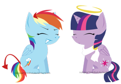 Size: 663x459 | Tagged: safe, artist:rainbow-smashed, rainbow dash, twilight sparkle, twilight sparkle (alicorn), alicorn, angel, pegasus, pony, devil, female, mare, shoulder angel, shoulder devil